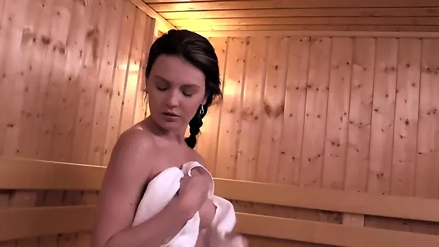 Muscular stallion fucks friend's excited young wife in the sauna
