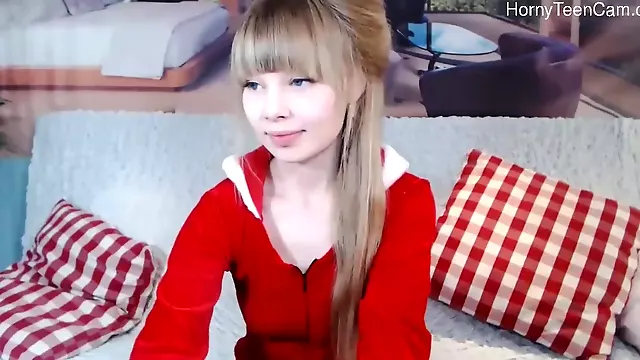 Cute russian teen playing with dildo on livestream