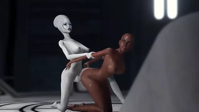 Sexy sci-fi female alien plays with a black girl in the space station